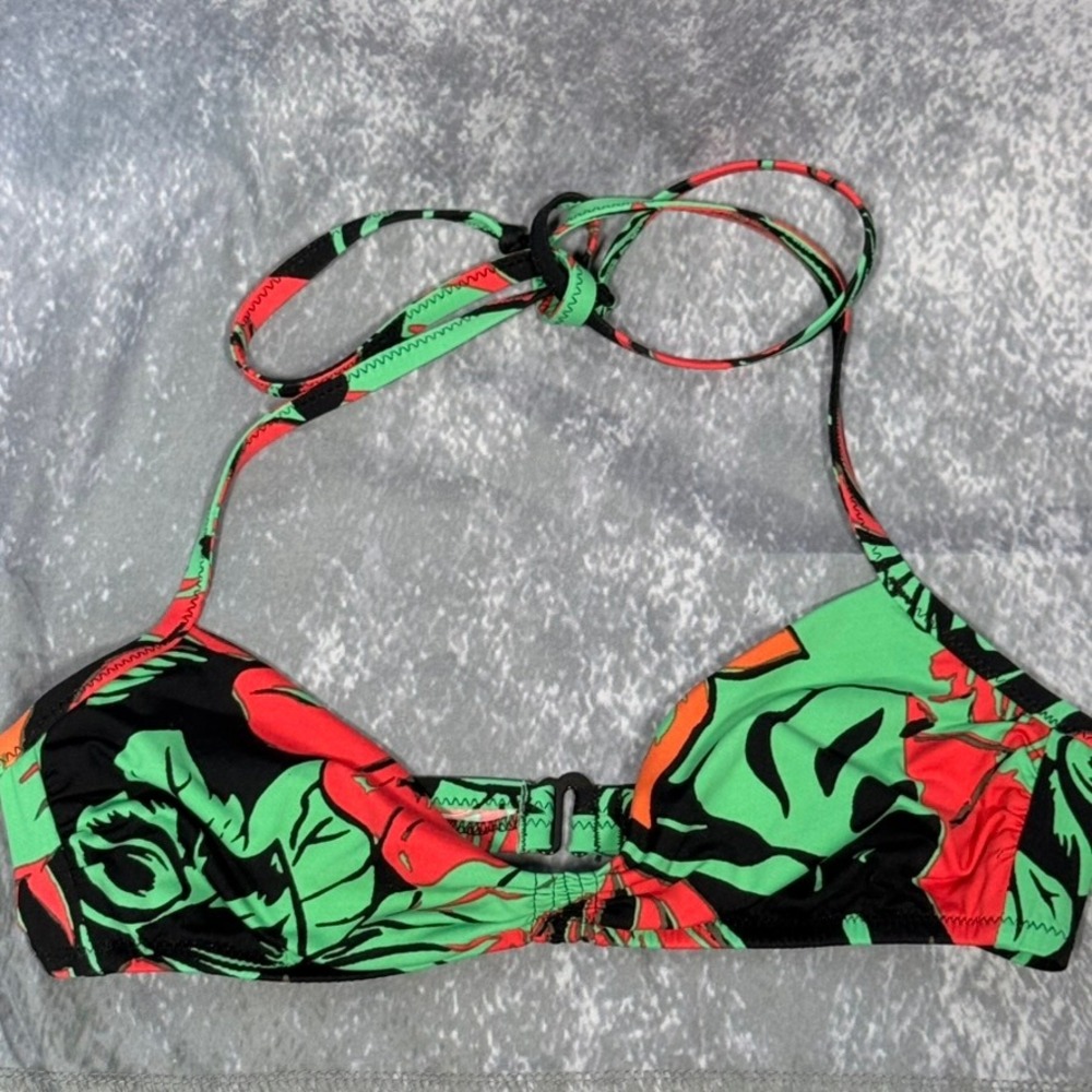 Madewell Bikini Top Women XS Green Red Floral Excellent Tropical Halter